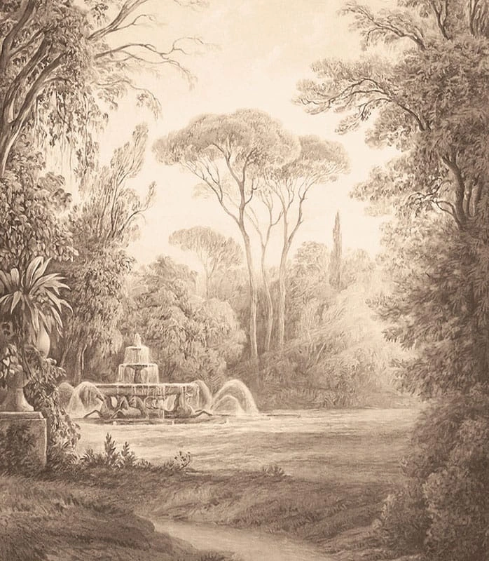 Фотообои и фрески на стену - пейзаж, бежевые, лес, парк, новинки, деревья, фонтан, перспектива, расширяющие пространство