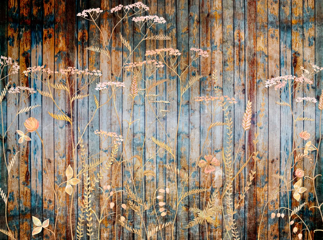 Фотообои и фрески на стену - синие, коричневые, желтые, трава, дерево, в скандинавском стиле, доски, бежевые, полевые, цветы, в стиле лофт