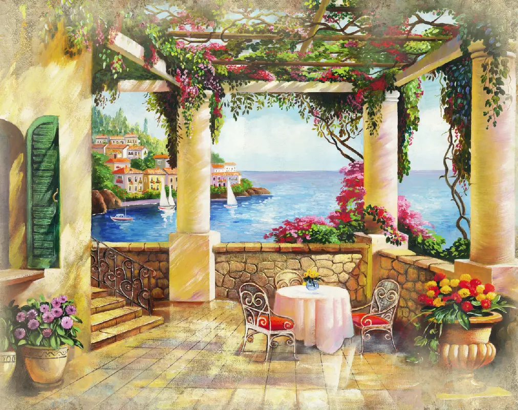 Фотообои и фрески на стену - океан, виноград, облака, парус, стулья, город, веранда, горы, природа, яхта, небо, виноградная лоза, лестница, растения, море, камень, столик, цветы