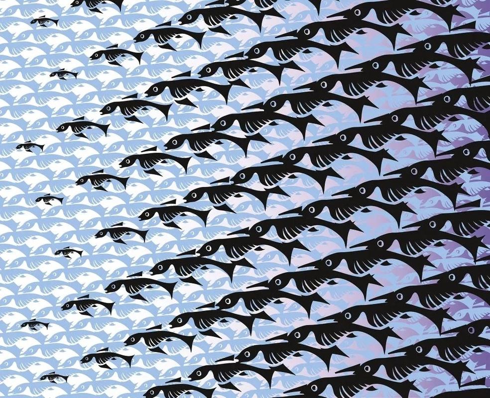 Фотообои и фрески на стену - абстракция, черно-голубая, рыбы, рябь