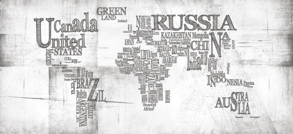 Фотообои на стену - в офис, в кабинет, карта, черно-белые, карта буквами, текст, буквы, слова