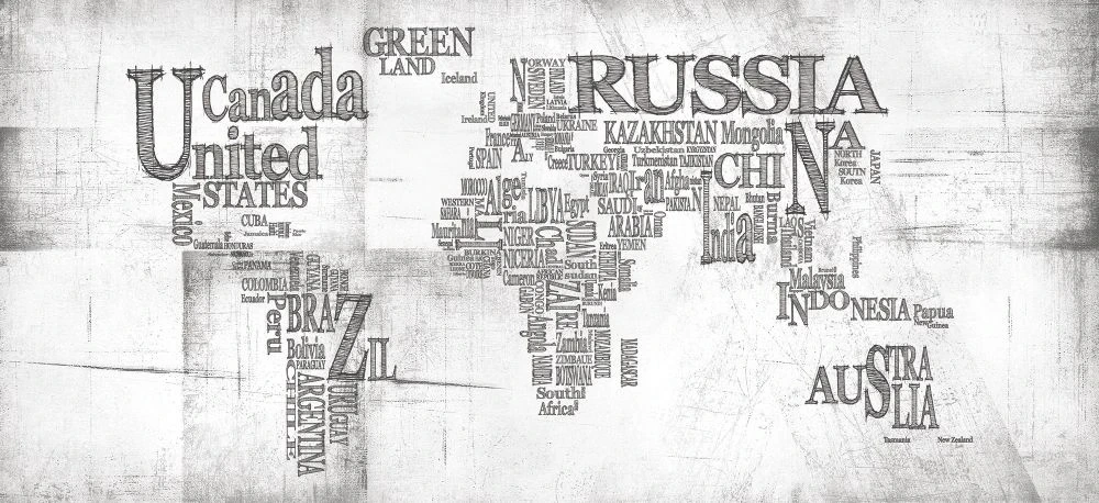 Фотообои и фрески на стену - в офис, в кабинет, карта, черно-белые, карта буквами, текст, буквы, слова