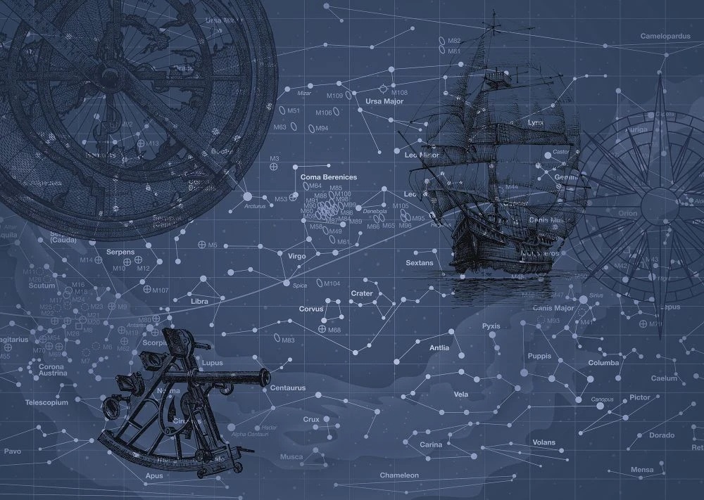 Фотообои на стену - в детскую комнату, карта, звезды, созвездия, темно синяя