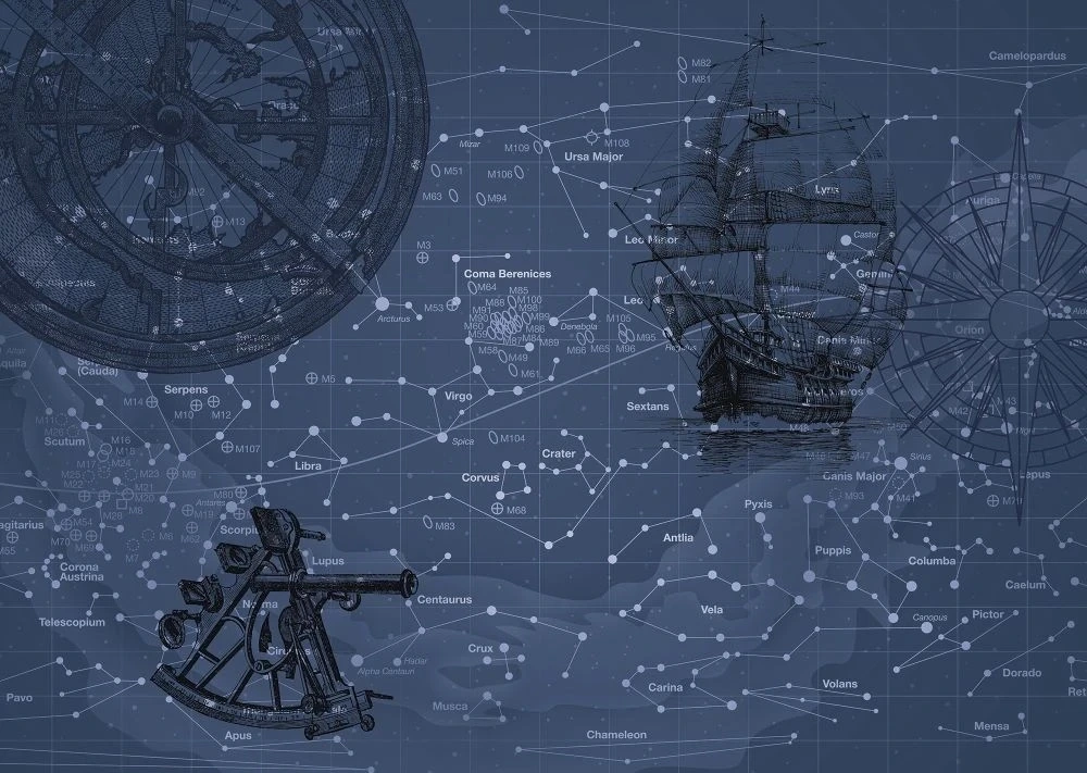 Фотообои и фрески на стену - в детскую комнату, карта, звезды, созвездия, темно синяя