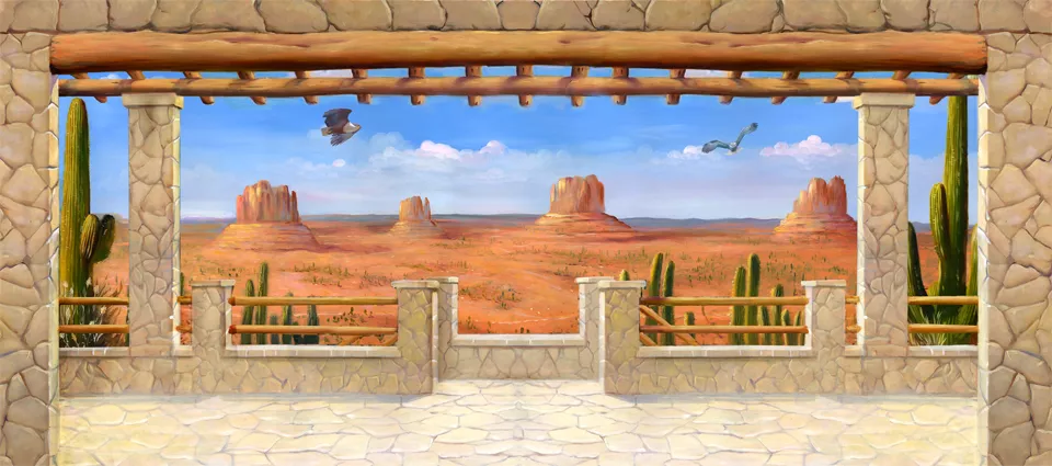 Фотообои и фрески на стену - пейзаж, пустыня, коричневые, бежевые, каменная терраса, голубые, каменные колонны, терракотовые, кактусы, каньоны, песчаный пейзаж, солнечные