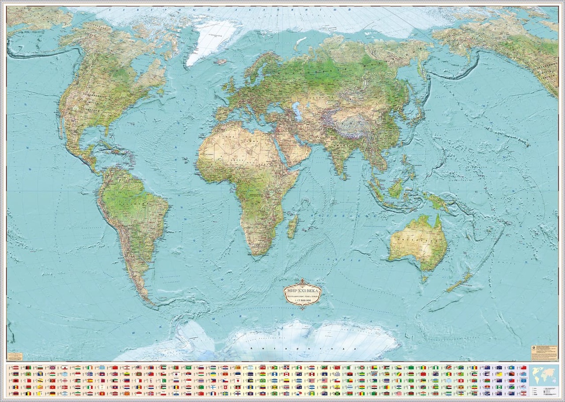 Фотообои и фрески на стену - в офис, в кабинет, в детскую комнату, карта мира, физическая, с флагами, физическая карта мира