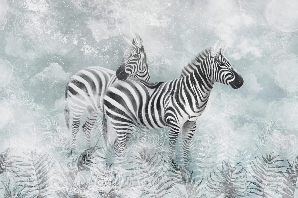 Фотообои и фрески на стену - живопись, зебры, голубая