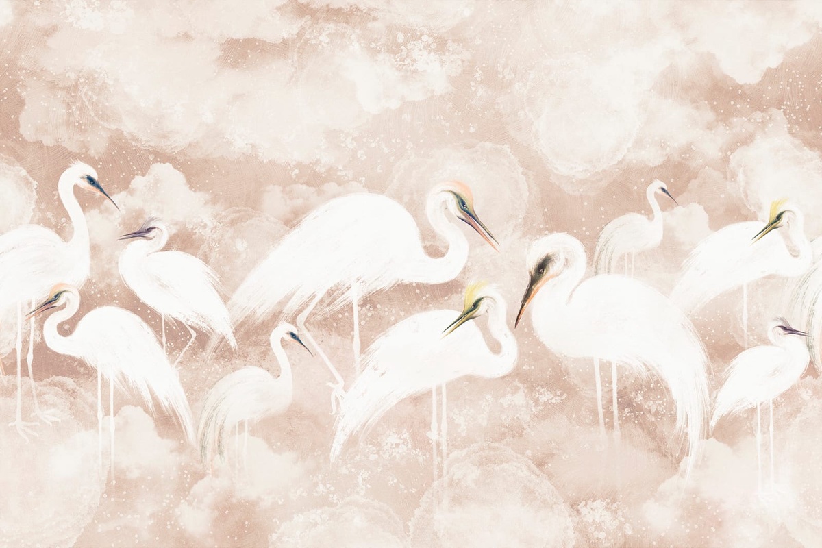 Фотообои на стену - в детскую комнату, журавли, цапли, бежево-розовая