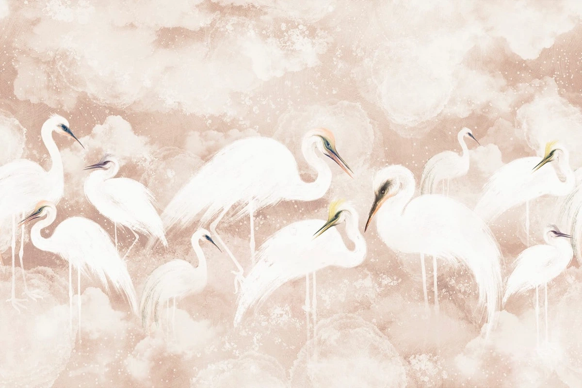 Фотообои и фрески на стену - в детскую комнату, журавли, цапли, бежево-розовая