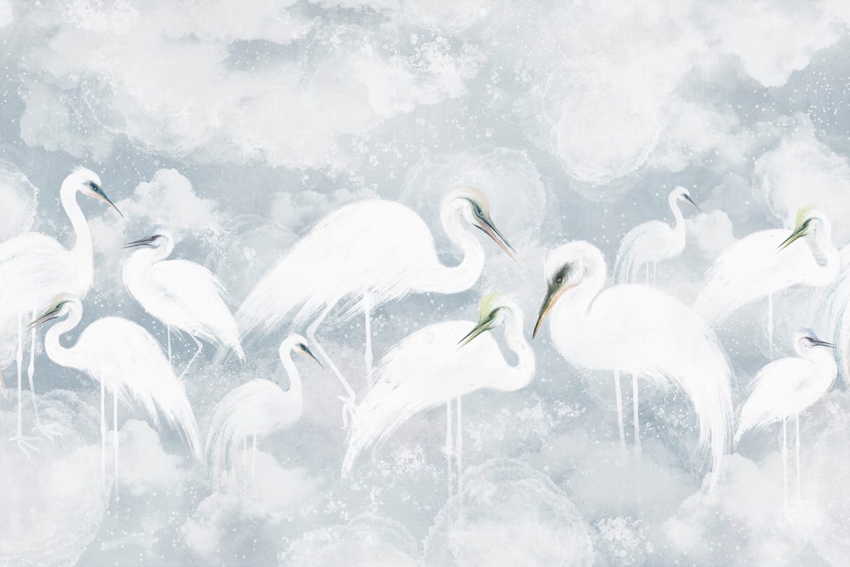 Фотообои на стену - в детскую комнату, журавли, цапли, светло голубая