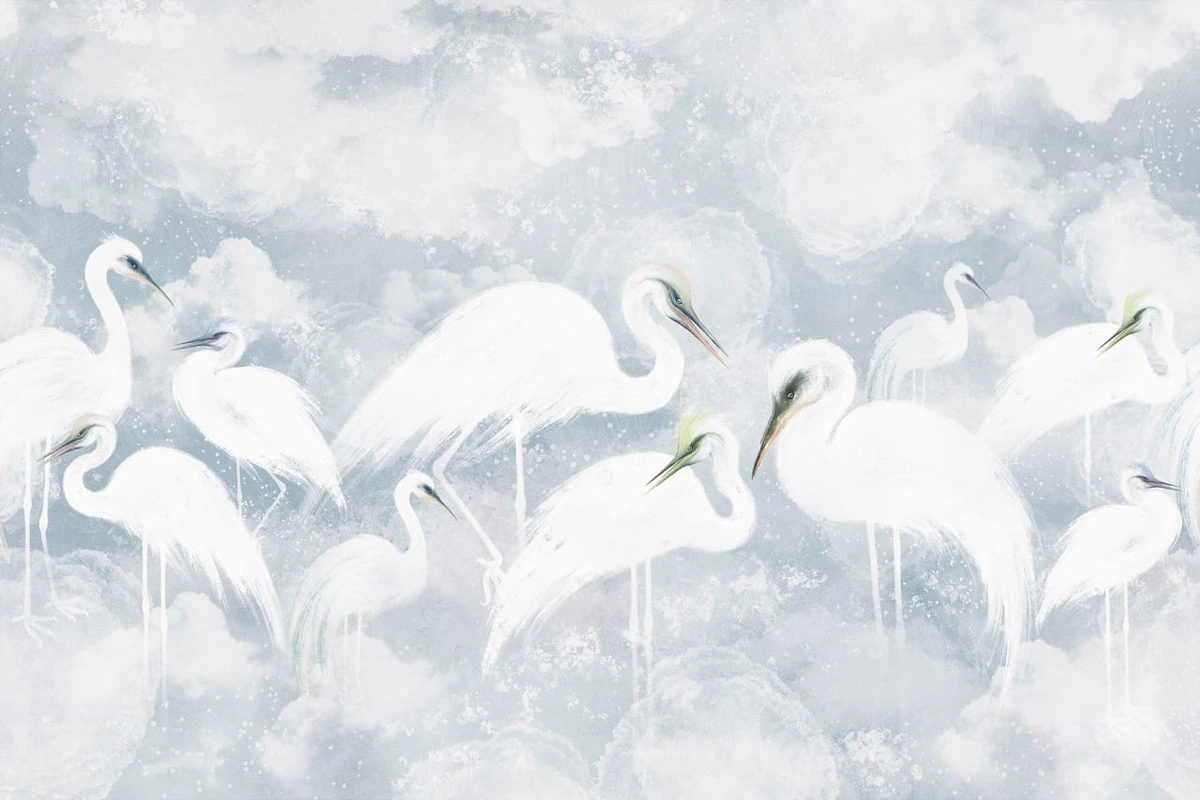 Фотообои и фрески на стену - в детскую комнату, журавли, цапли, светло голубая