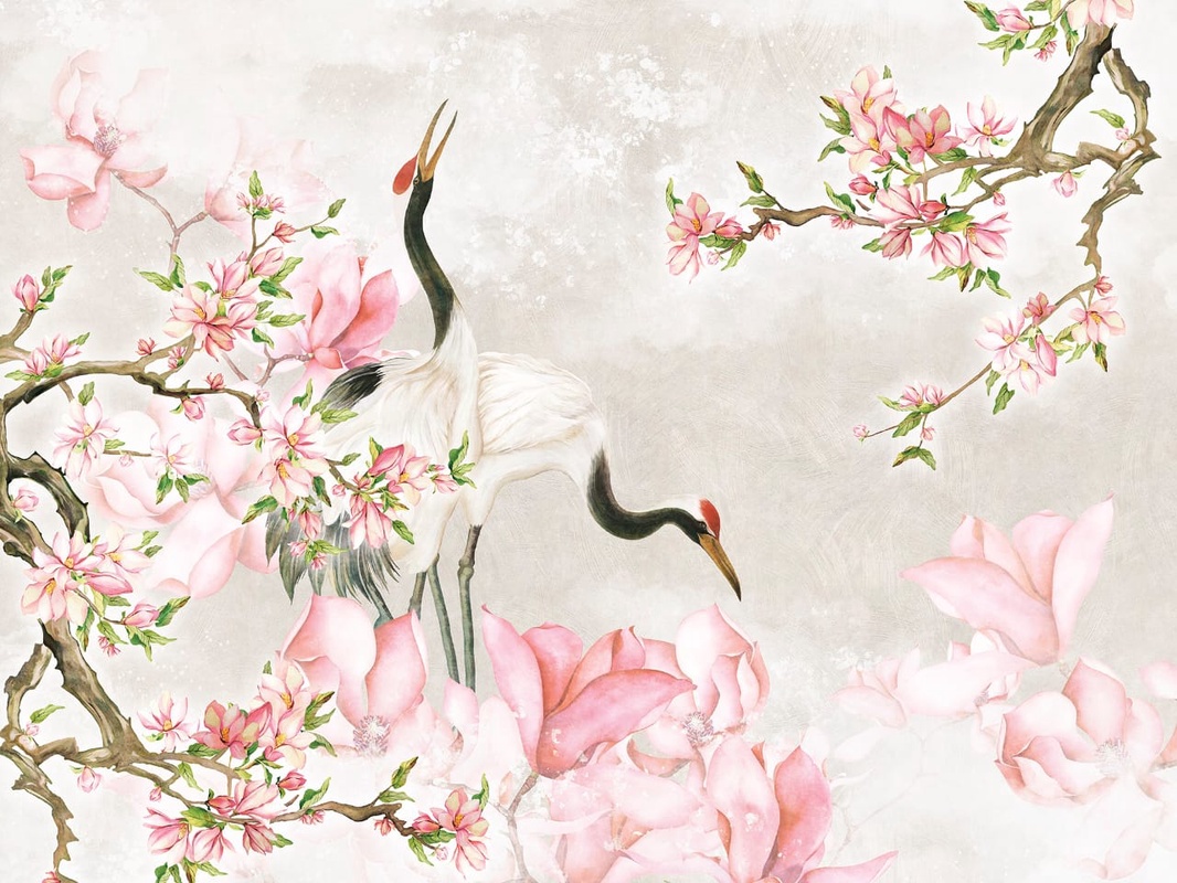 Фотообои на стену - в спальню, журавли, сакура, розовая