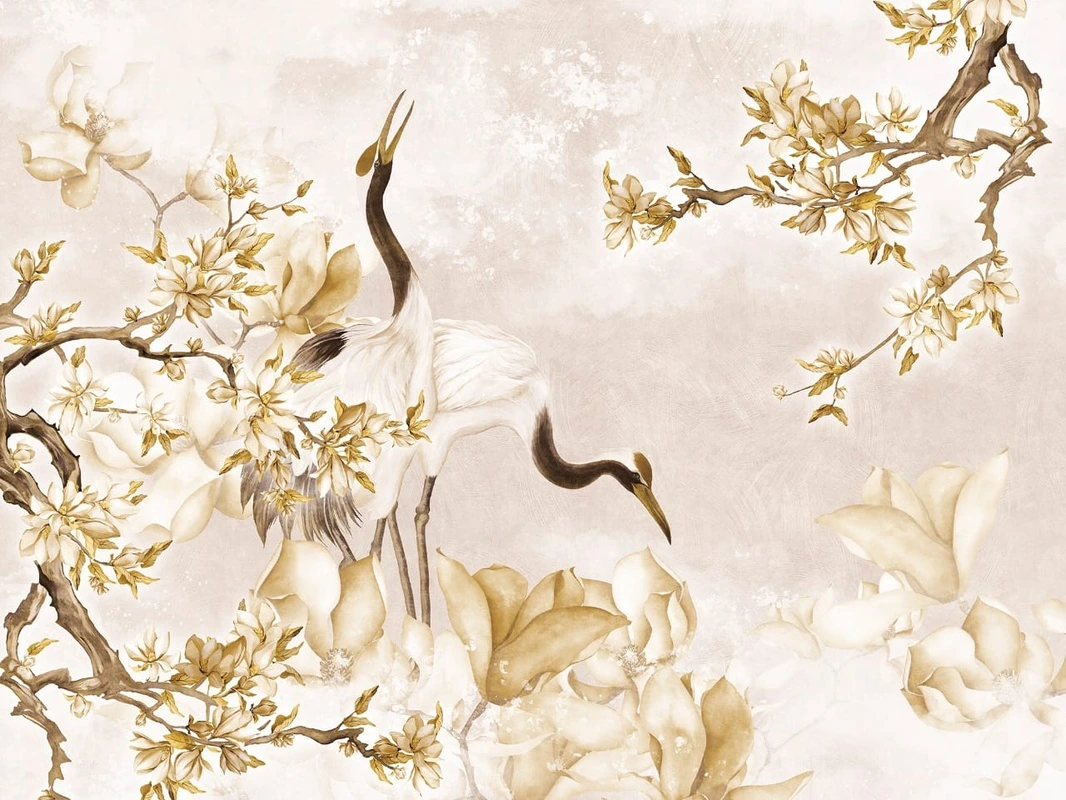 Фотообои на стену - в спальню, журавли, сакура, бежевые