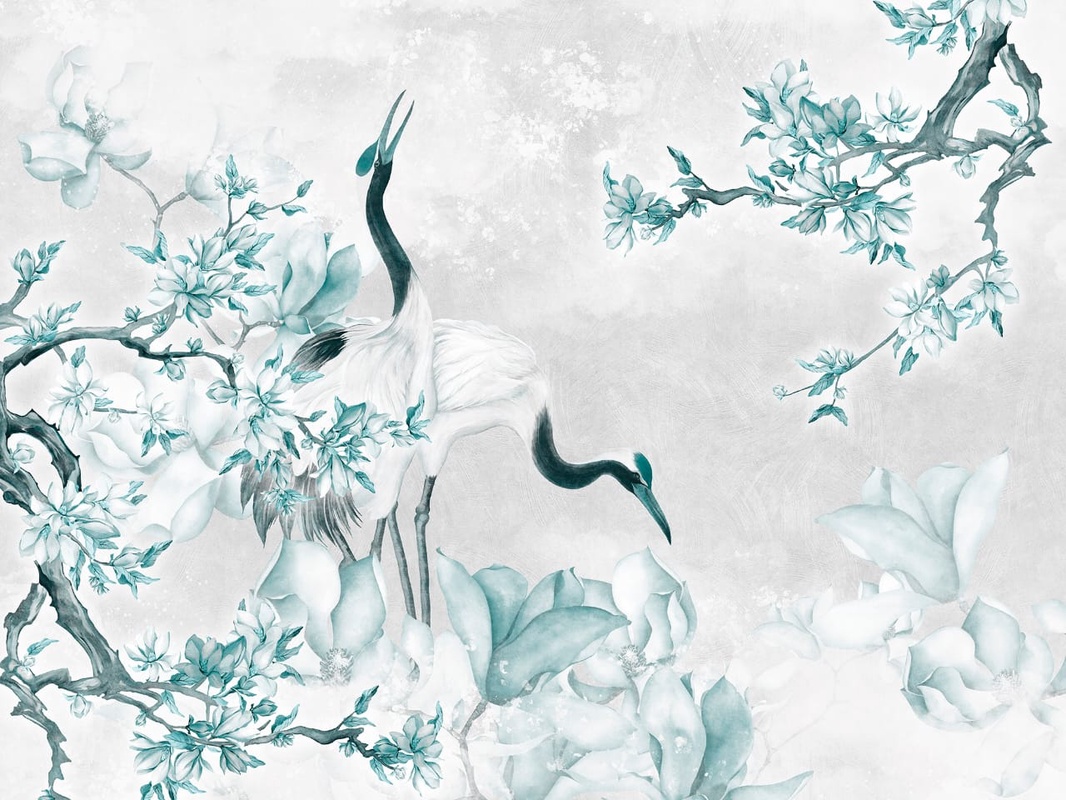 Фотообои на стену - в спальню, журавли, сакура, голубая