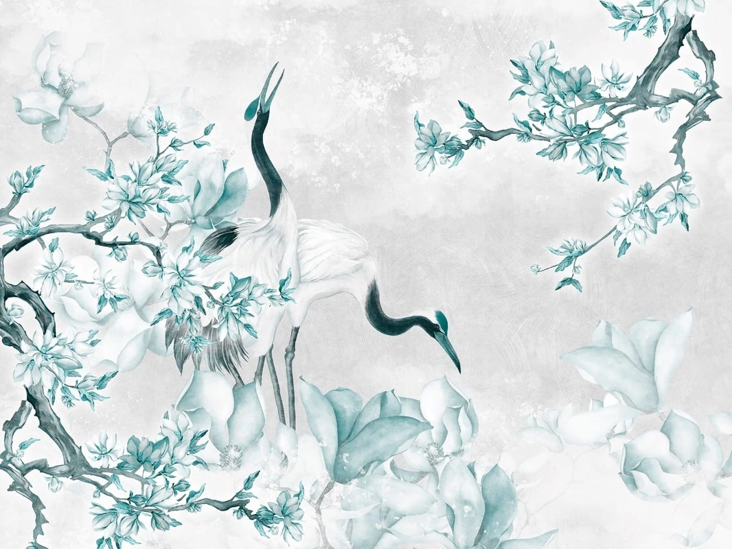 Фотообои на стену - в спальню, журавли, сакура, голубая