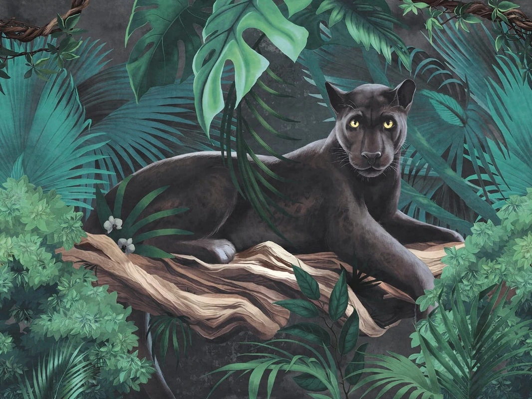 Фотообои на стену - живопись, черная пантера, зеленые