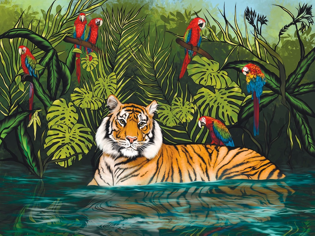 Фотообои на стену - живопись, тигр, птицы
