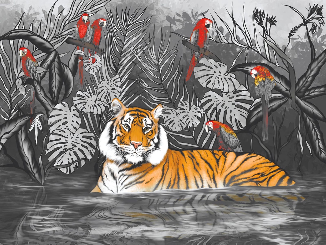 Фотообои на стену - живопись, тигр, красные птицы, серая