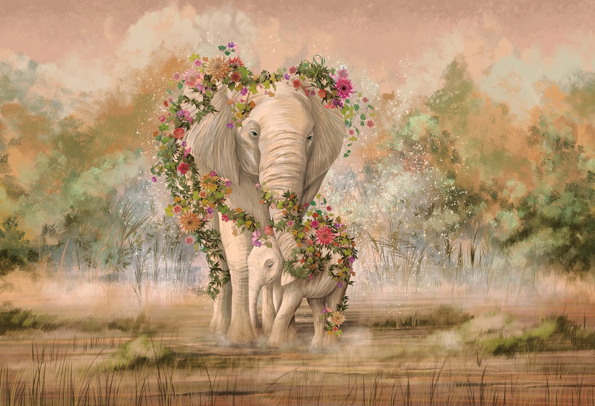 Фотообои на стену - живопись, слон, слоненок, персиковые