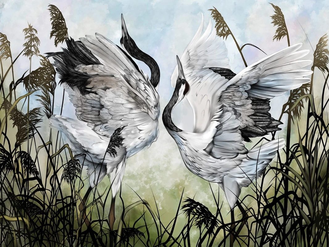 Фотообои и фрески на стену - живопись, журавли, голубая