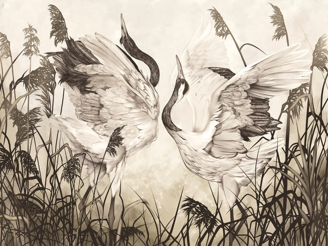 Фотообои на стену - живопись, журавли, бежевые