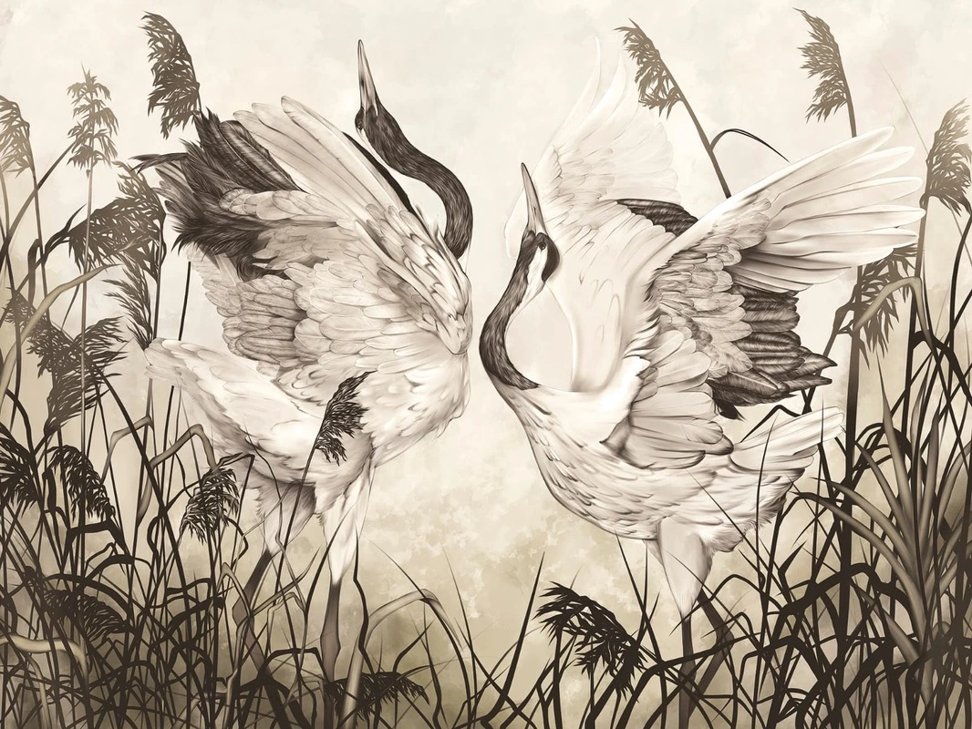 Фотообои и фрески на стену - живопись, журавли, бежевые