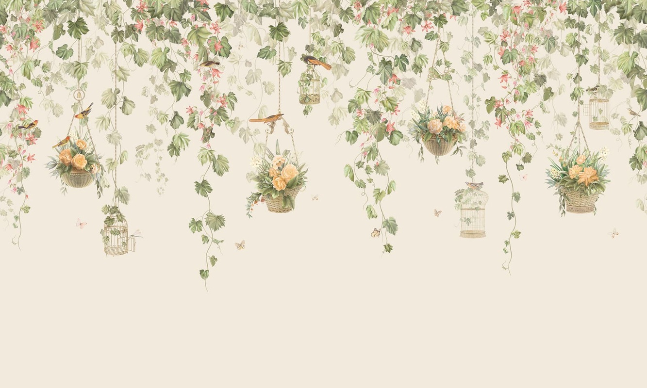 Фотообои на стену - в загородный дом, свисающие, листья, цветы, в корзинках