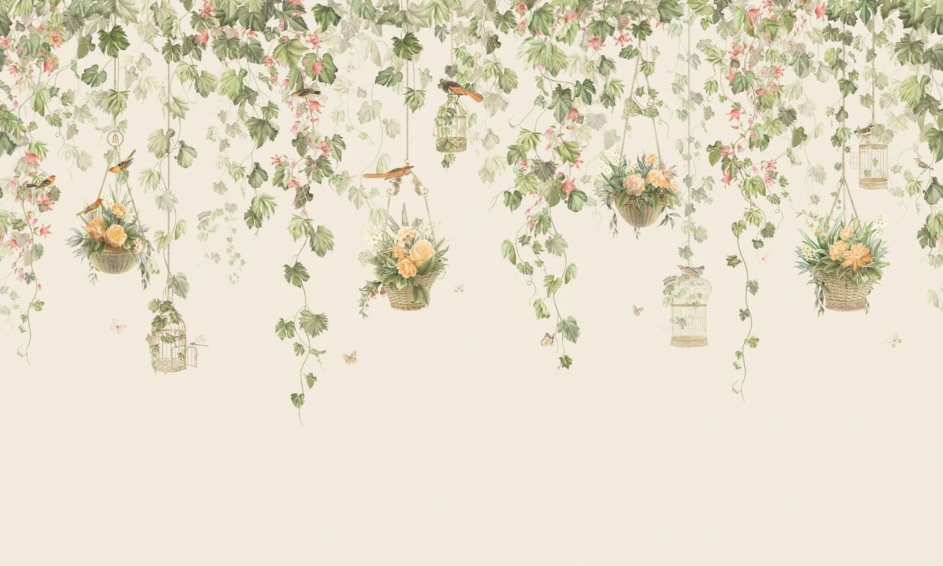 Фотообои и фрески на стену - в загородный дом, свисающие, листья, цветы, в корзинках