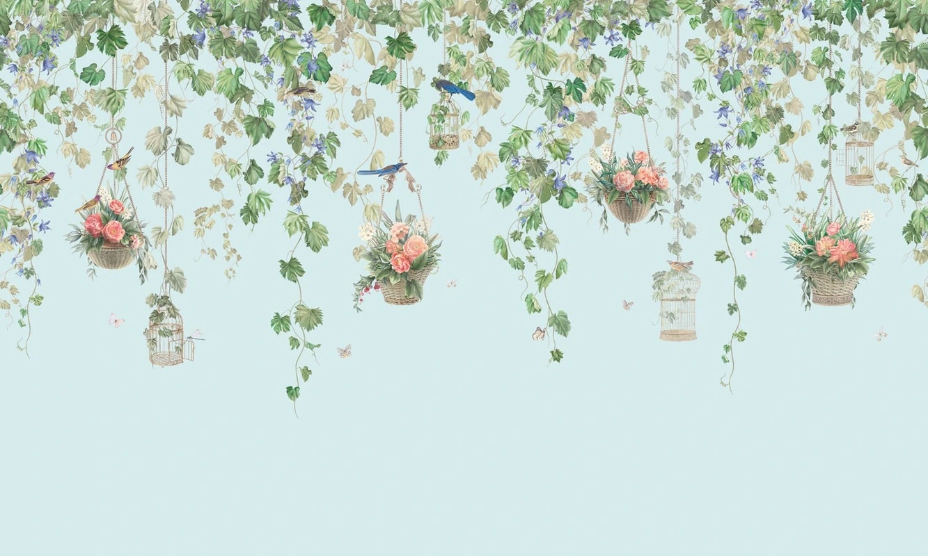 Фотообои и фрески на стену - в загородный дом, листья, цветы, в корзинках, голубая