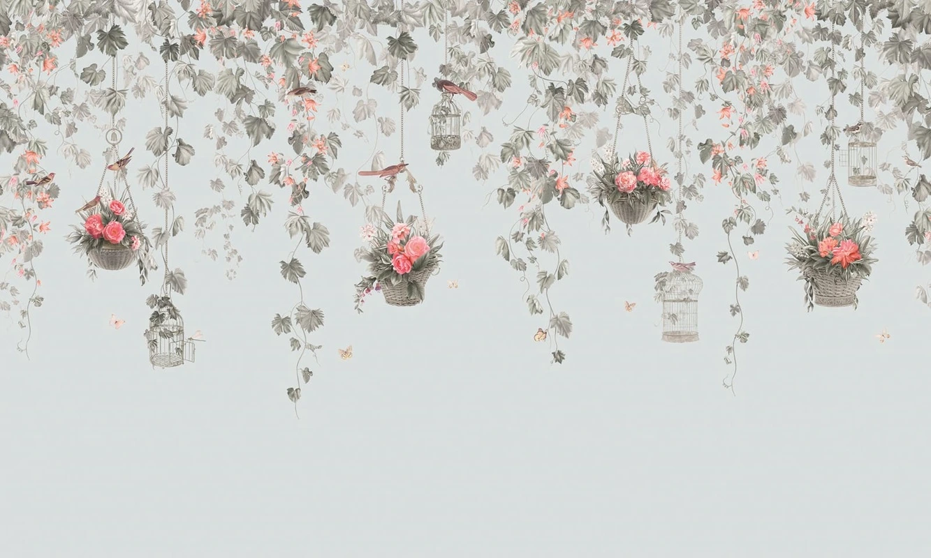 Фотообои на стену - в загородный дом, цветы, листья, в корзинках, на сером фоне