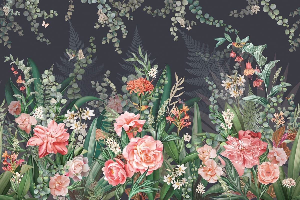 Фотообои на стену - в спальню, в загородный дом, цветы, крупные, розовые, на черном фоне