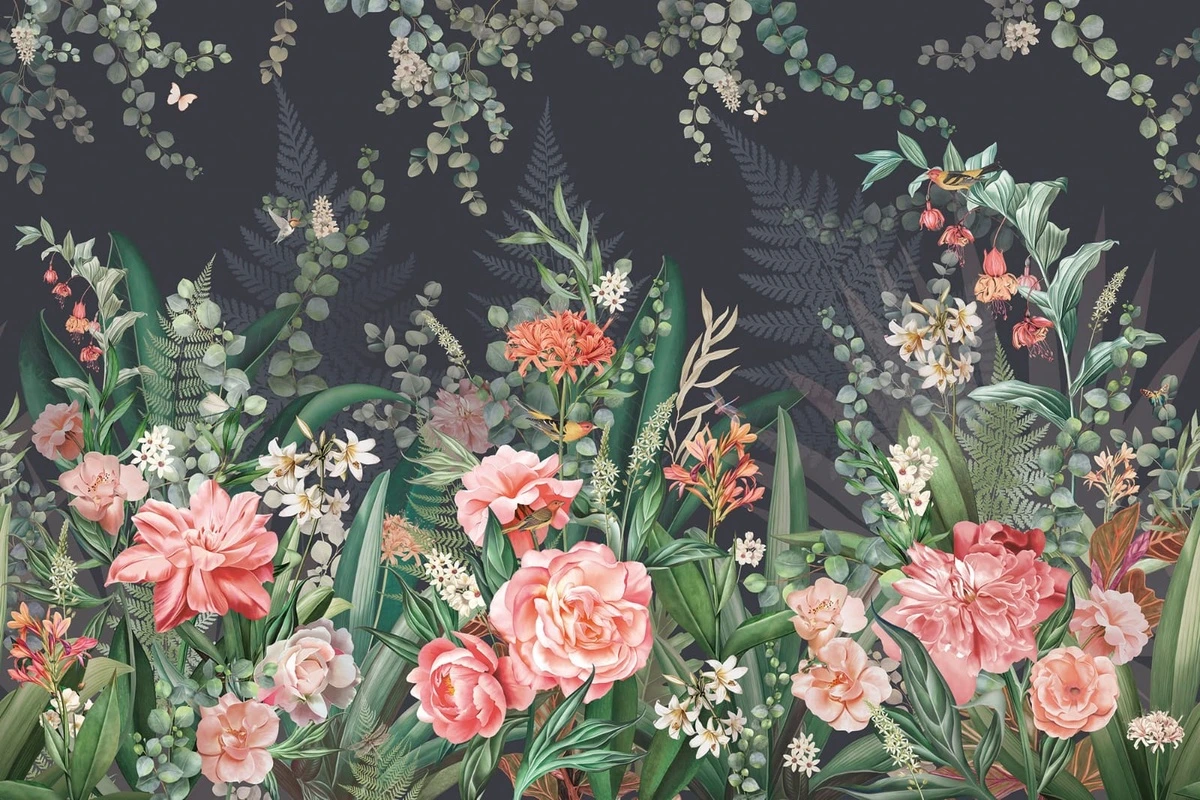 Фотообои и фрески на стену - в спальню, в загородный дом, цветы, крупные, розовые, на черном фоне