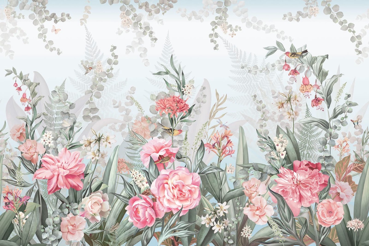 Фотообои на стену - в спальню, в детскую комнату, в загородный дом, цветы, голубая, зеленая, розовые цветы