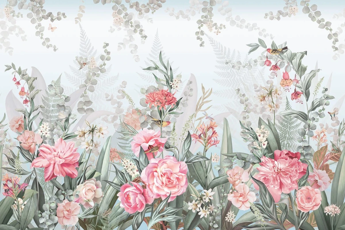 Фотообои и фрески на стену - в спальню, в детскую комнату, в загородный дом, цветы, голубая, зеленая, розовые цветы