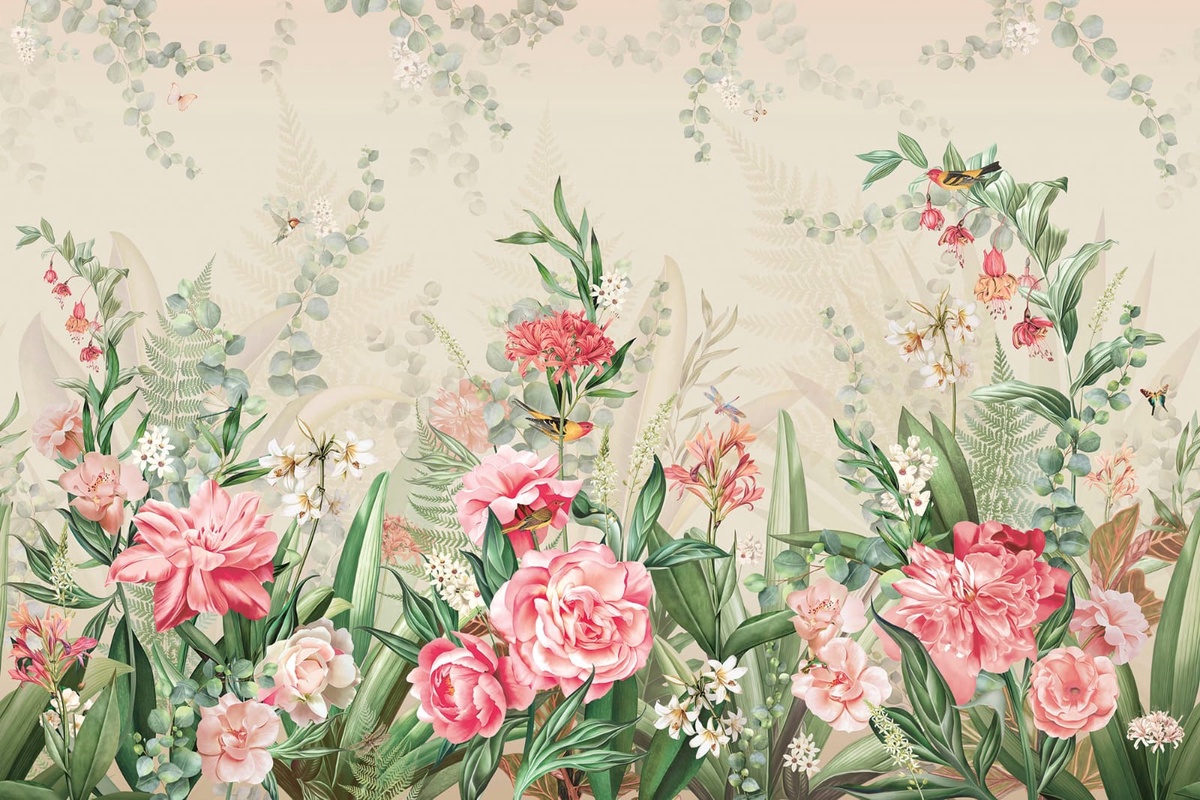 Фотообои на стену - в спальню, в детскую комнату, в загородный дом, цветы, розовые, на бежевом фоне