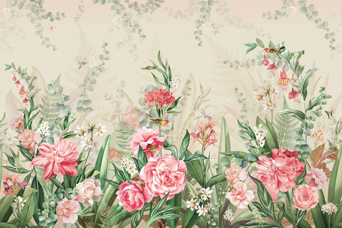 Фотообои и фрески на стену - в спальню, в детскую комнату, в загородный дом, цветы, розовые, на бежевом фоне