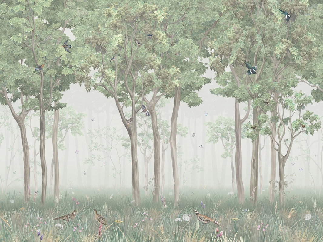 Фотообои на стену - в коридор, лес, деревья, птицы, зеленая