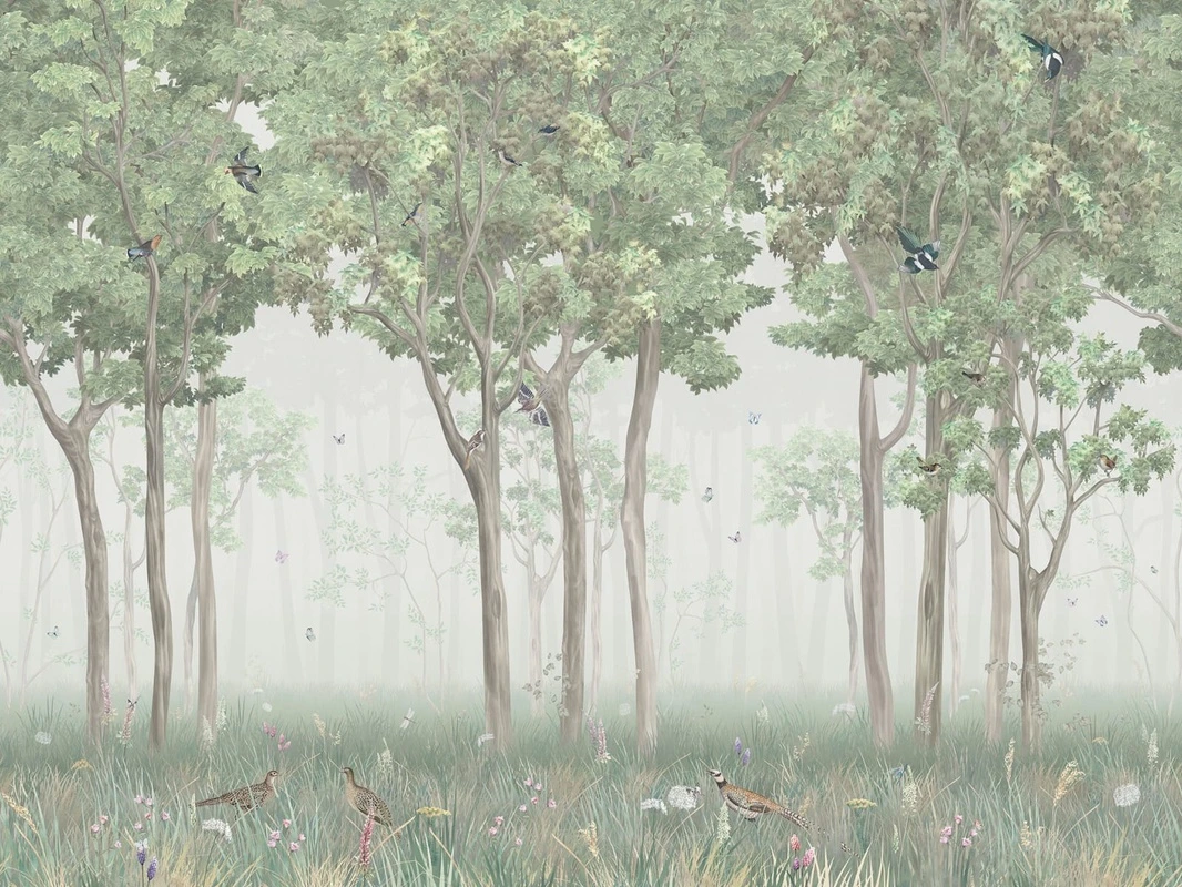 Фотообои и фрески на стену - в коридор, лес, деревья, птицы, зеленая