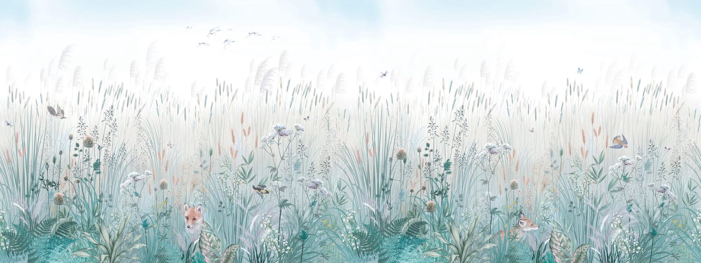 Фотообои и фрески на стену - в детскую комнату, в загородный дом, поле, поляна, колосья, голубая