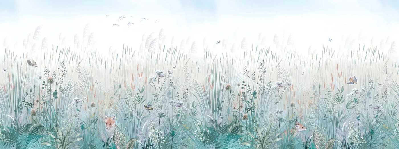 Фотообои на стену - в детскую комнату, в загородный дом, поле, поляна, колосья, голубая