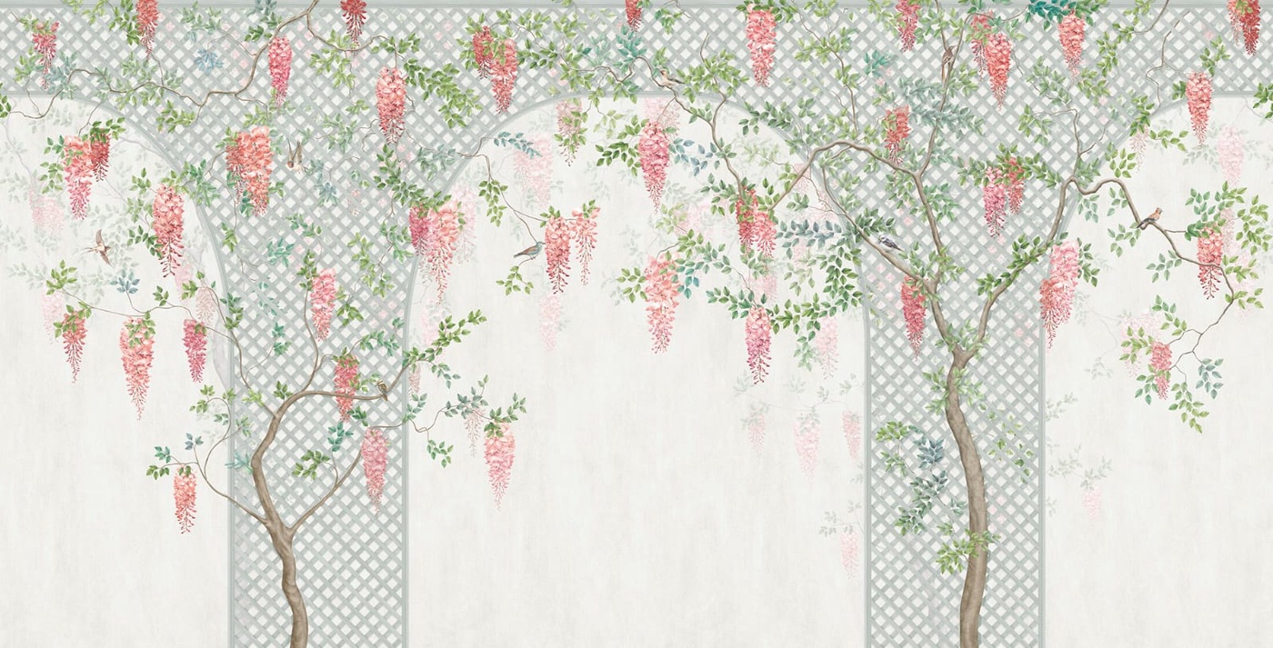 Фотообои на стену - в загородный дом, дерево, глициния, розовая