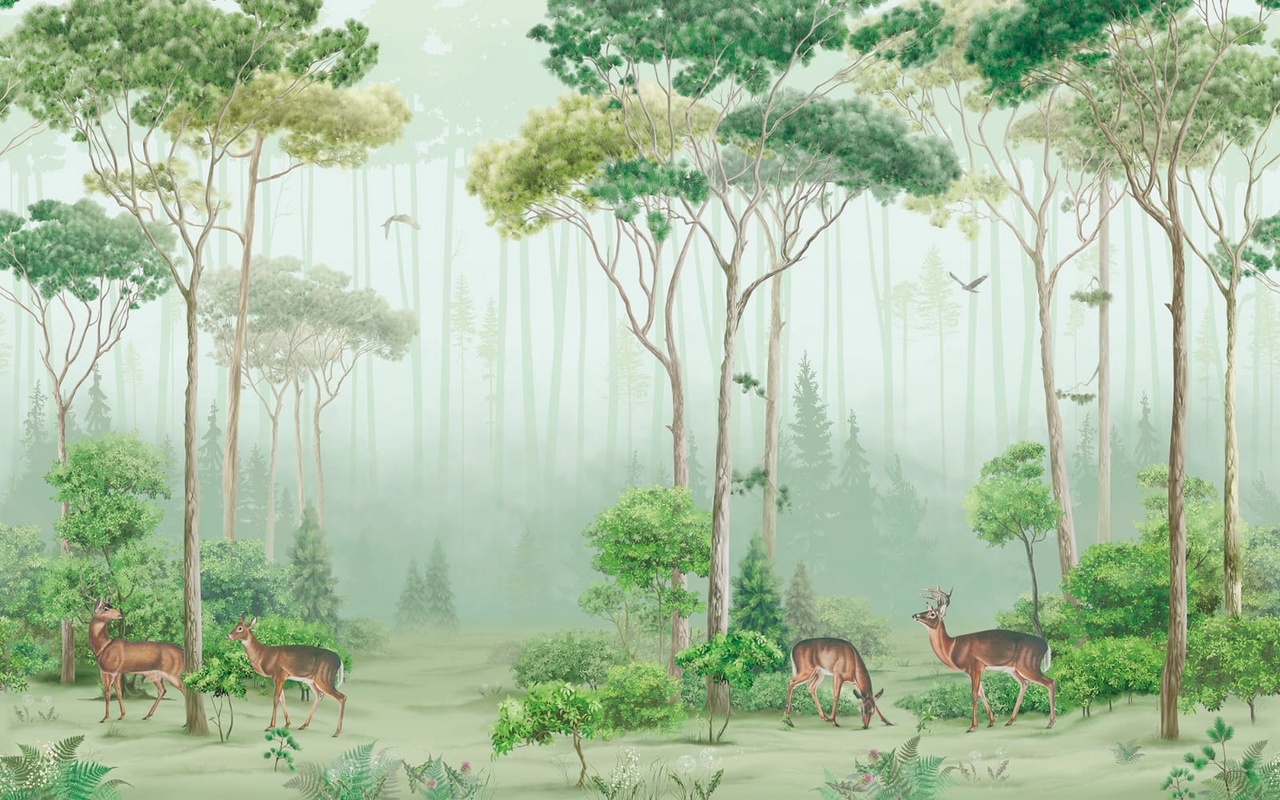 Фотообои на стену - в детскую комнату, в загородный дом, лес, деревья, зеленая, яркая