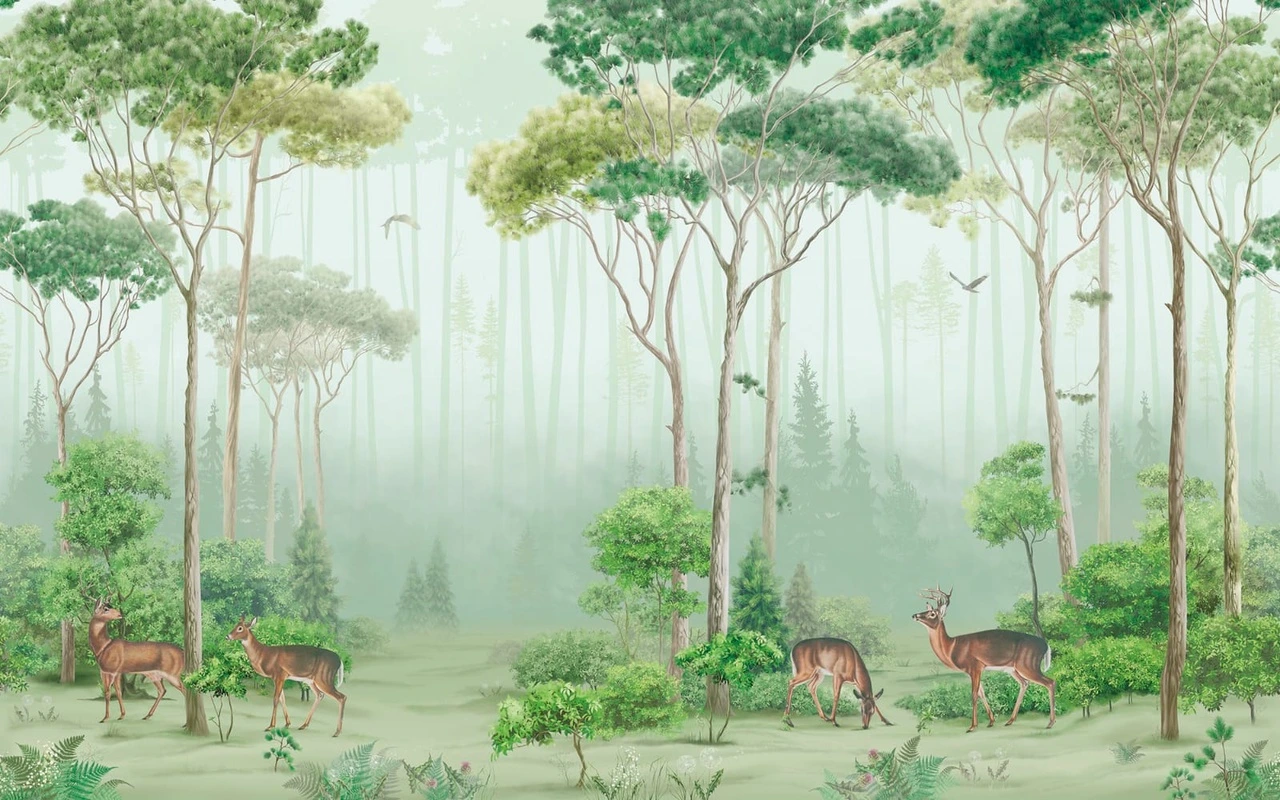 Фотообои и фрески на стену - в детскую комнату, в загородный дом, лес, деревья, зеленая, яркая