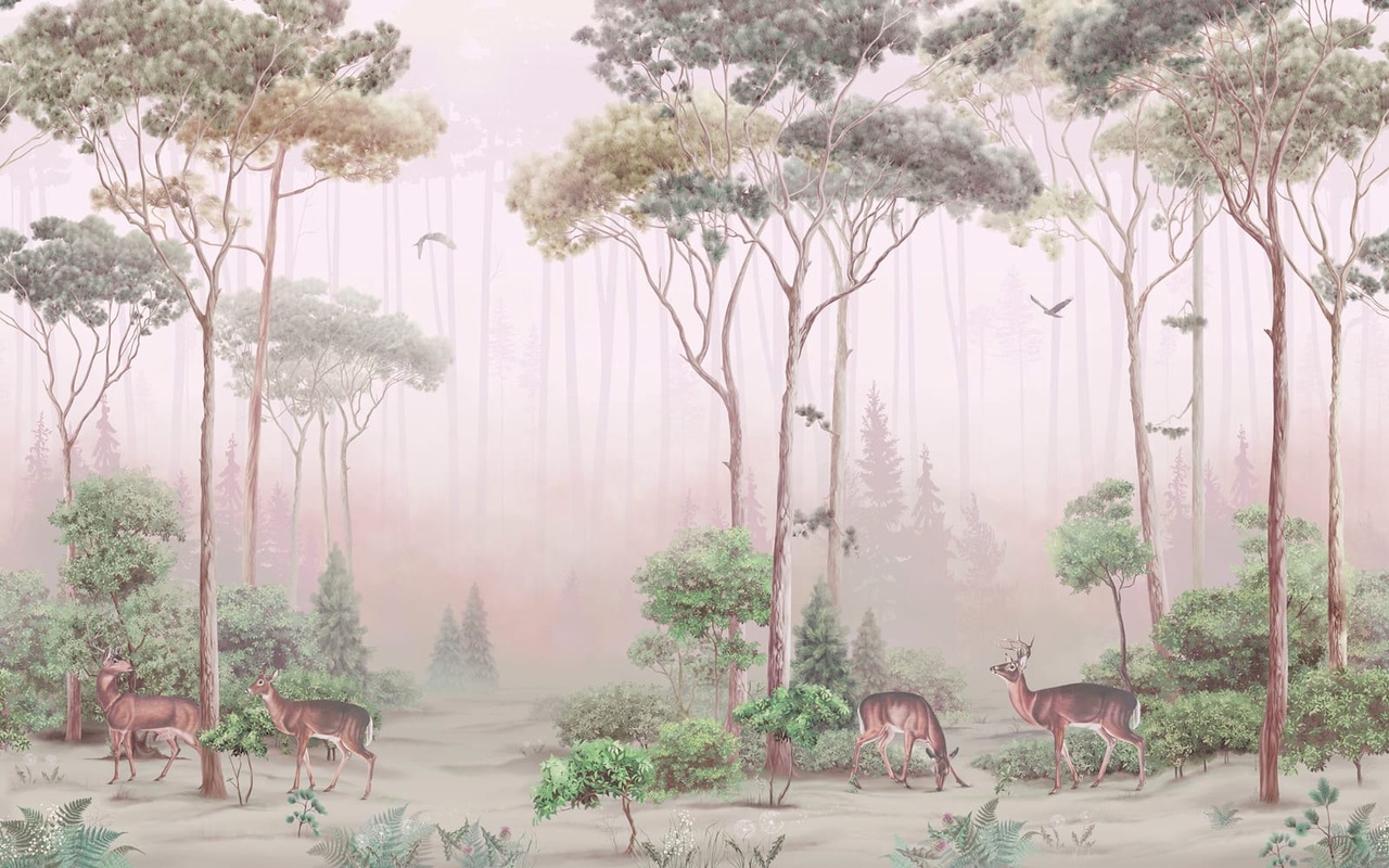 Фотообои на стену - в детскую комнату, в загородный дом, лес, деревья, олени, на бежевом фоне