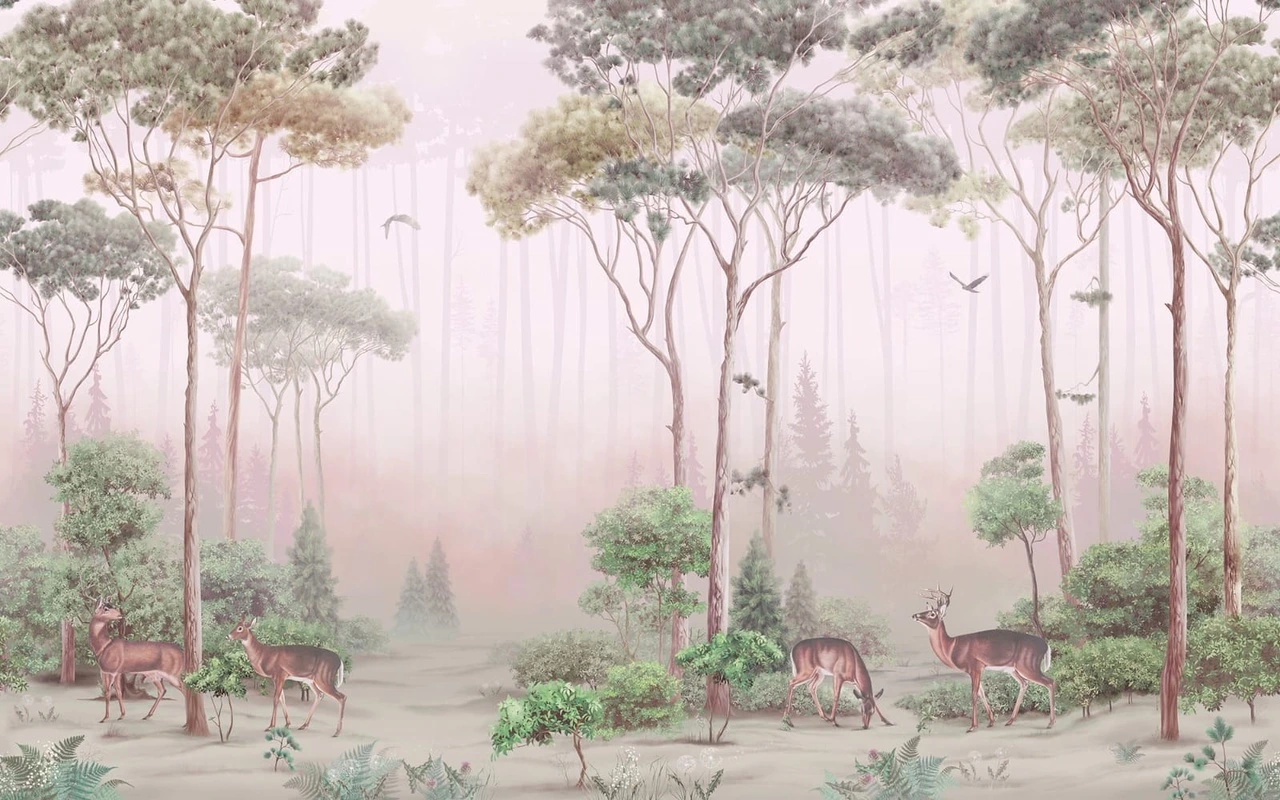 Фотообои и фрески на стену - в детскую комнату, в загородный дом, лес, деревья, олени, на бежевом фоне