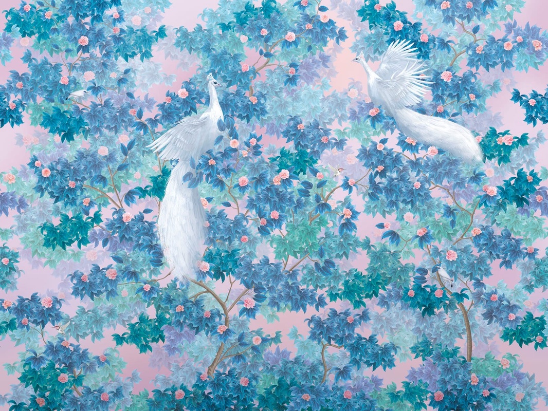 Фотообои на стену - в загородный дом, сад, павлины, синий