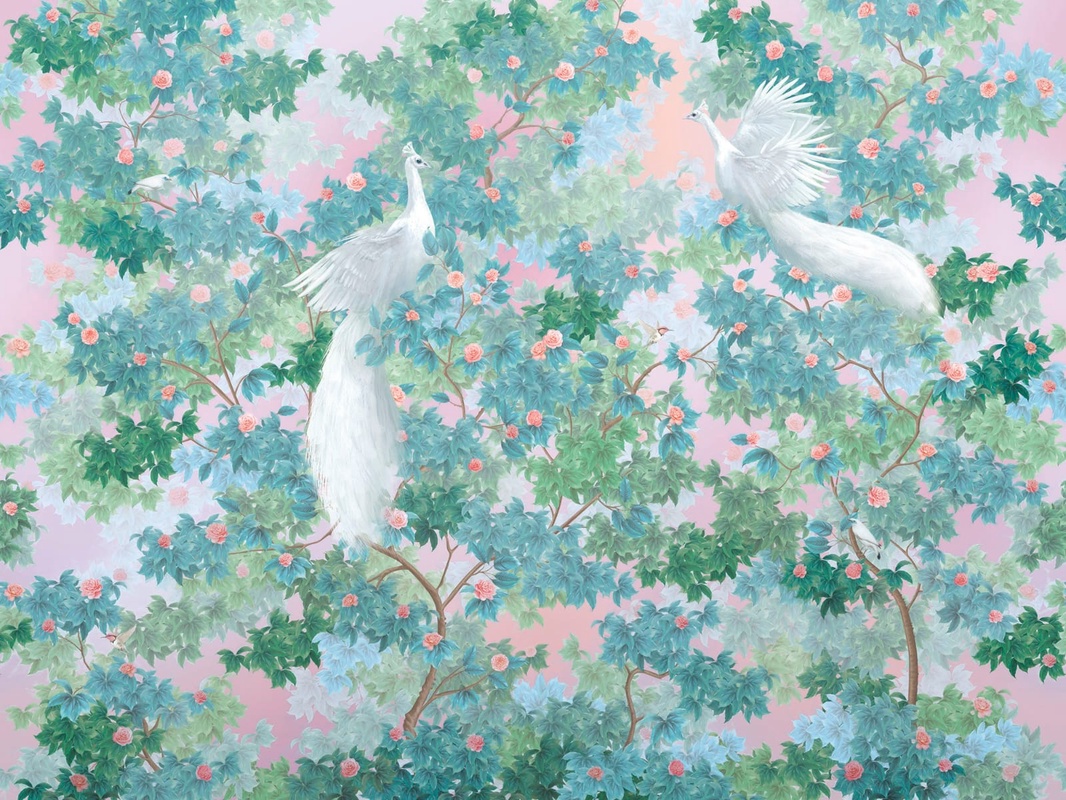 Фотообои на стену - в загородный дом, сад, павлины, голубая