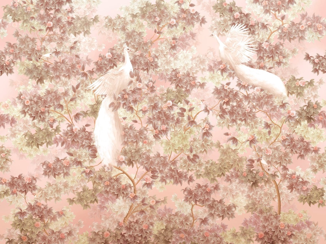 Фотообои и фрески на стену - в загородный дом, сад, павлины, бежевые