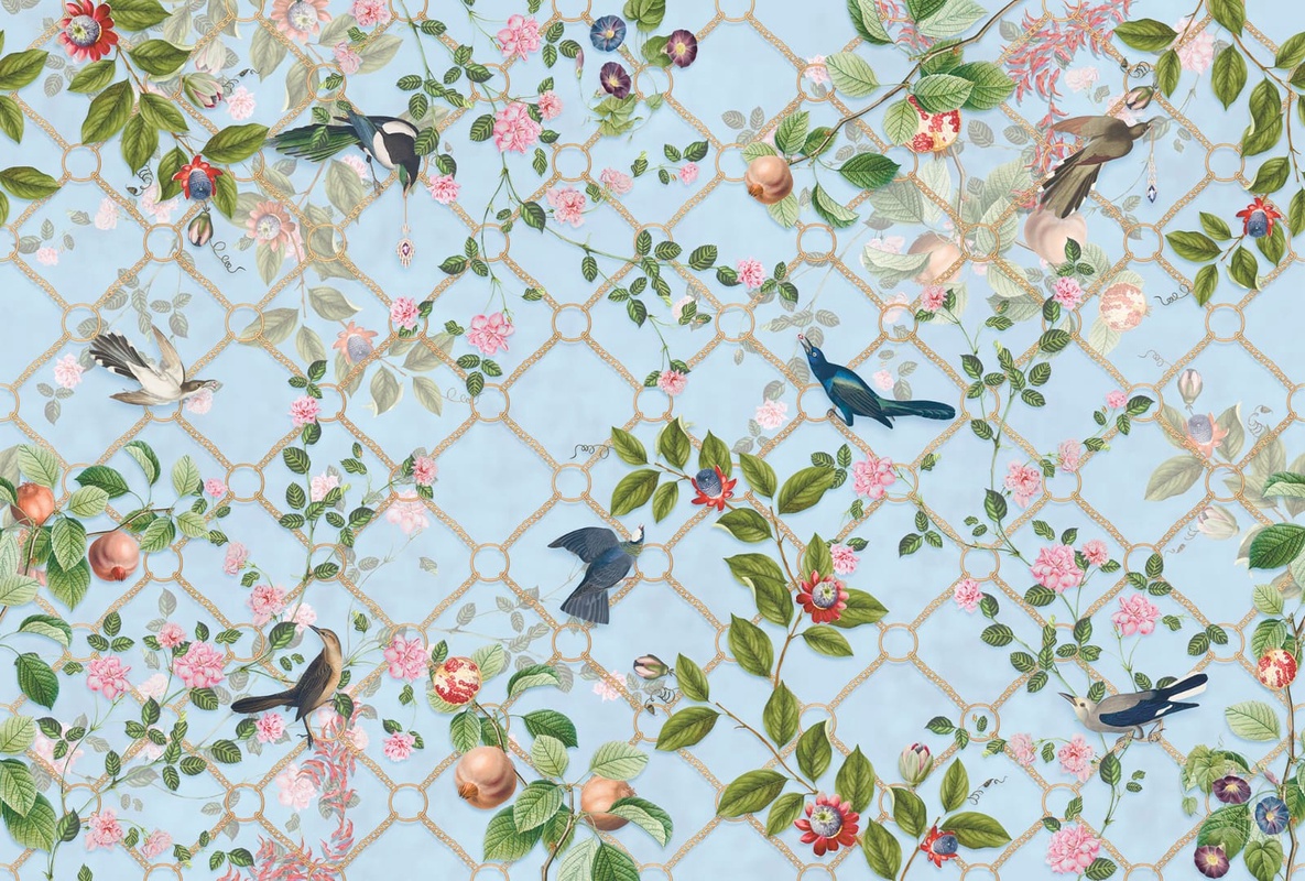 Фотообои на стену - в загородный дом, сад, птицы, цветы, голубая