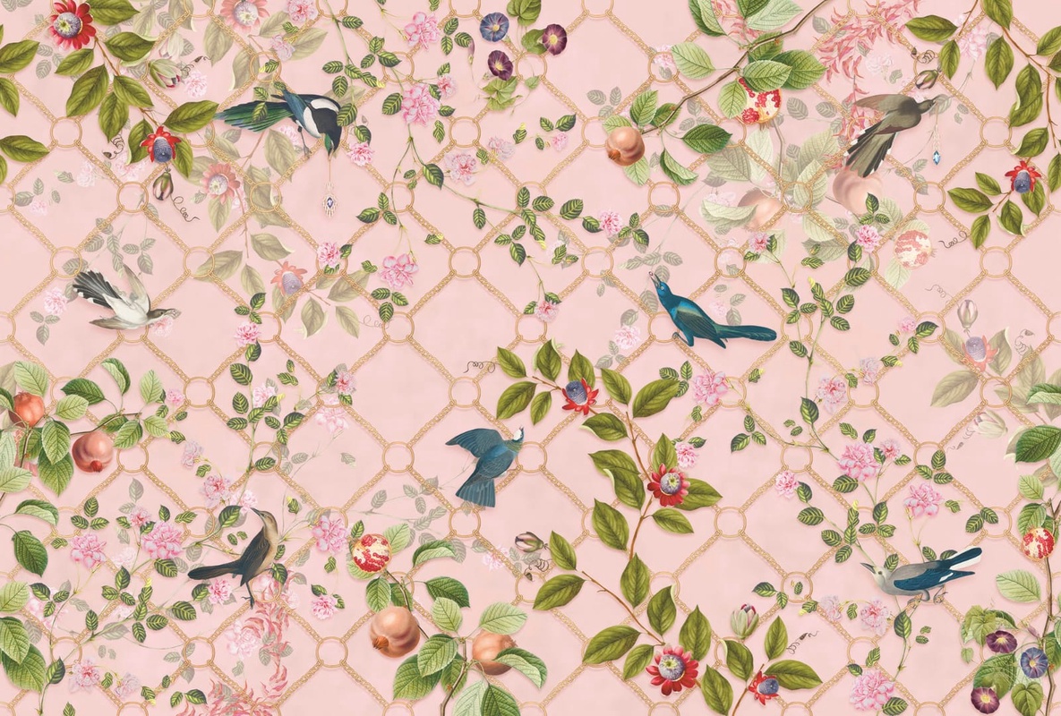 Фотообои на стену - в загородный дом, сад, птицы, цветы, розовая, персиковая